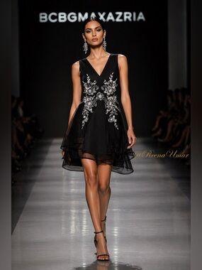 NWT BCBGMaxAzria Black V-Neck Mini Dress with White Floral Embroidery – Size 0